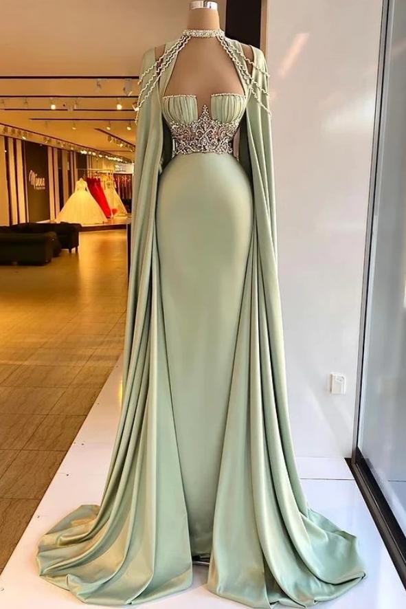 Green Mermaid Prom Dress Halter Neck Beaded Formal Dress