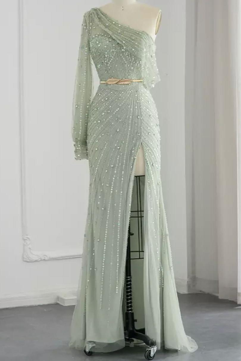 Green Mermaid Prom Dress Long Sleeve Asymmetric Beaded Formal Dress