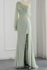 Green Mermaid Prom Dress Long Sleeve Asymmetric Beaded Formal Dress