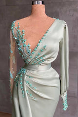 Green Mermaid Prom Dress Long Sleeve Asymmetric Neck Formal Dress With Lace Appliques