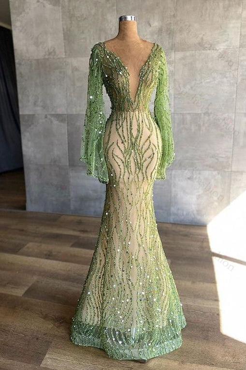 Green Mermaid Prom Dress Long Sleeve Beaded Formal Dress