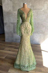 Green Mermaid Prom Dress Long Sleeve Beaded Formal Dress