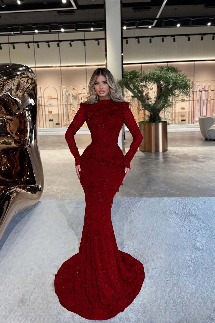 Green Mermaid Prom Dress Long Sleeve High Neck Beaded Formal Dress