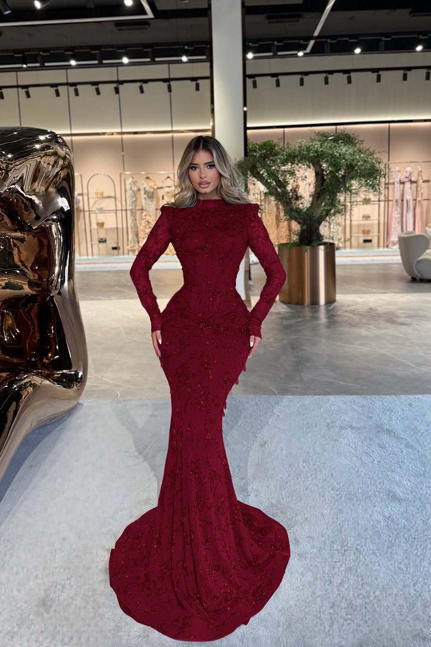 Green Mermaid Prom Dress Long Sleeve High Neck Beaded Formal Dress