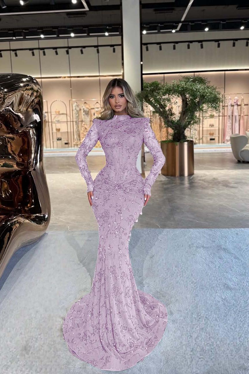 Green Mermaid Prom Dress Long Sleeve High Neck Beaded Formal Dress