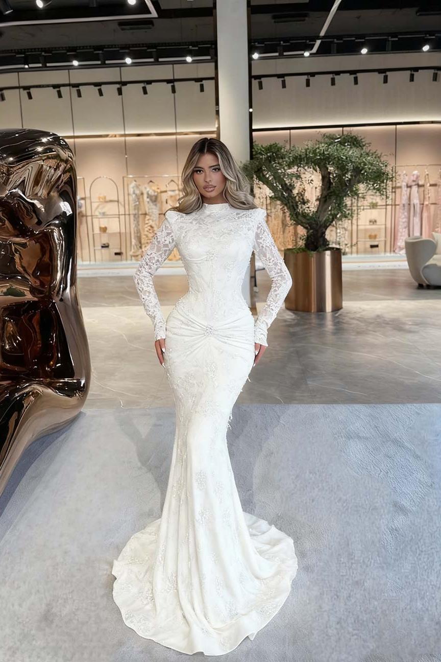 Green Mermaid Prom Dress Long Sleeve High Neck Beaded Formal Dress