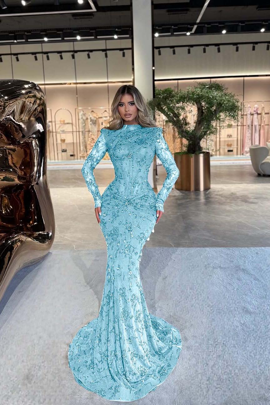 Green Mermaid Prom Dress Long Sleeve High Neck Beaded Formal Dress