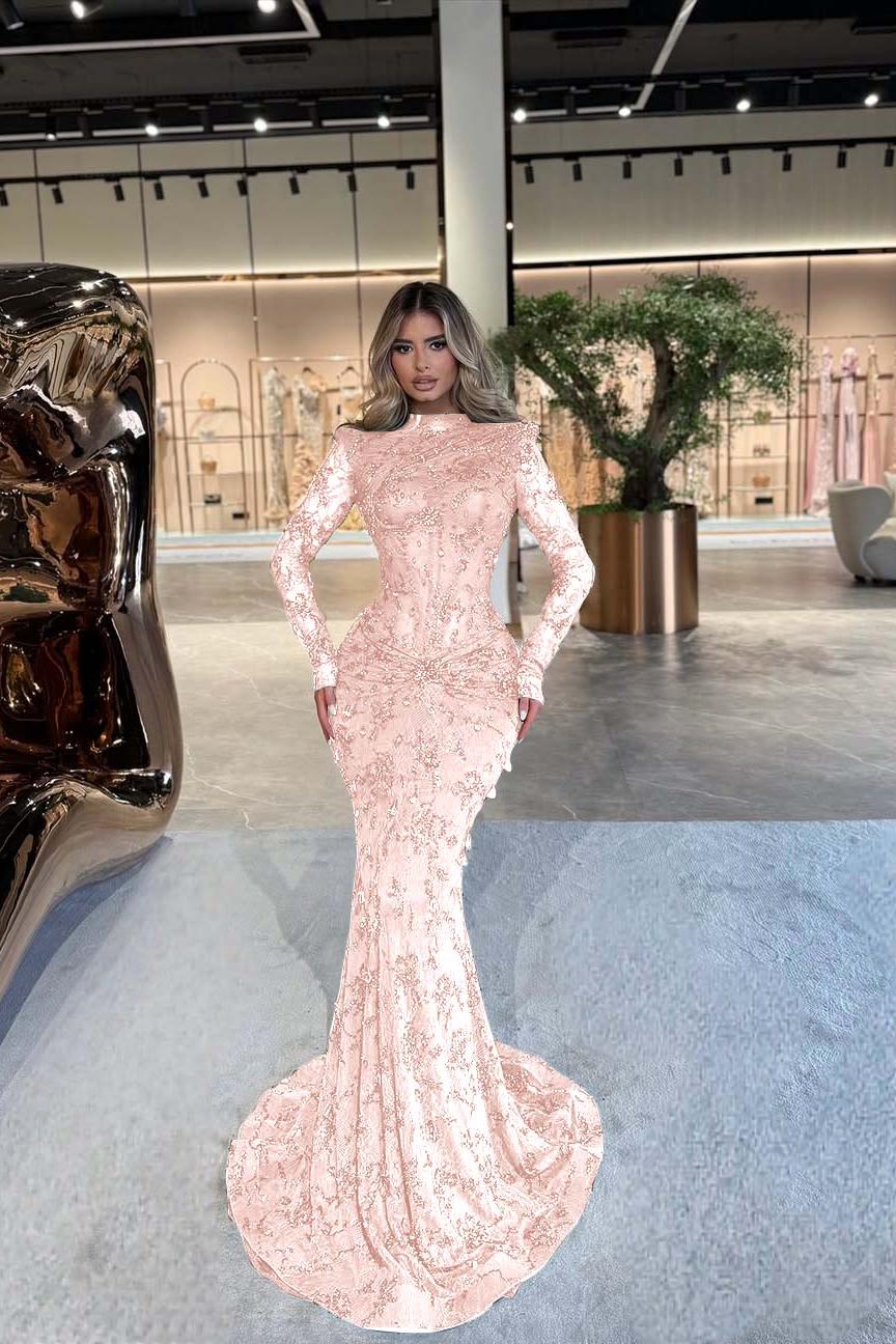 Green Mermaid Prom Dress Long Sleeve High Neck Beaded Formal Dress