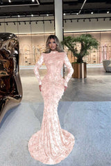 Green Mermaid Prom Dress Long Sleeve High Neck Beaded Formal Dress