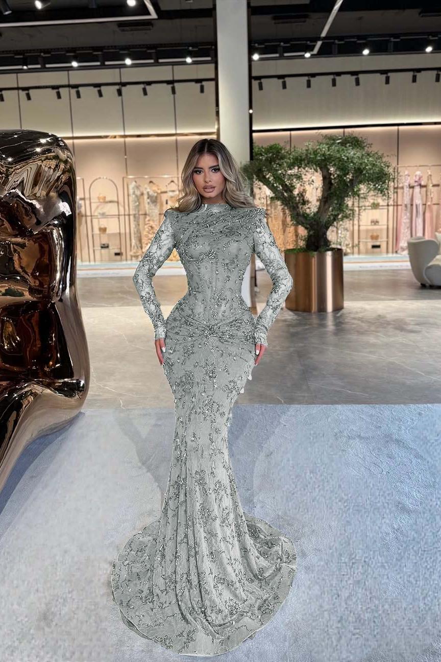 Green Mermaid Prom Dress Long Sleeve High Neck Beaded Formal Dress