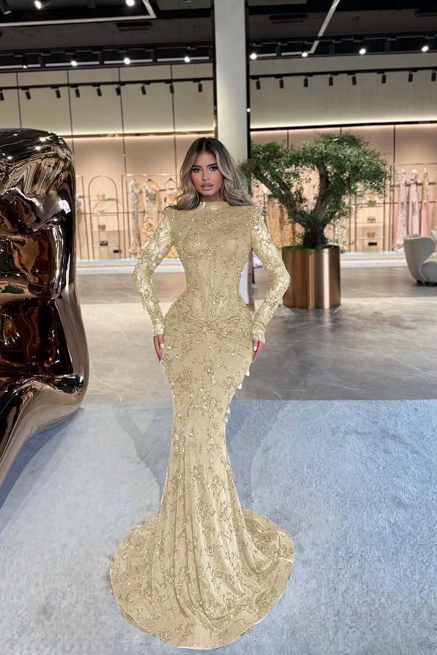 Green Mermaid Prom Dress Long Sleeve High Neck Beaded Formal Dress