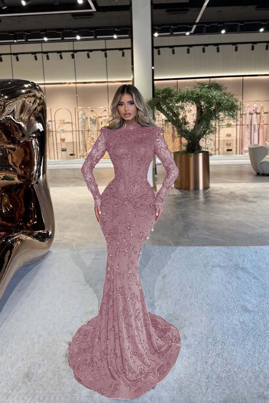 Green Mermaid Prom Dress Long Sleeve High Neck Beaded Formal Dress