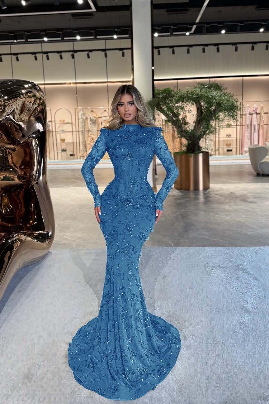 Green Mermaid Prom Dress Long Sleeve High Neck Beaded Formal Dress