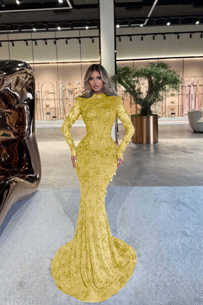 Green Mermaid Prom Dress Long Sleeve High Neck Beaded Formal Dress