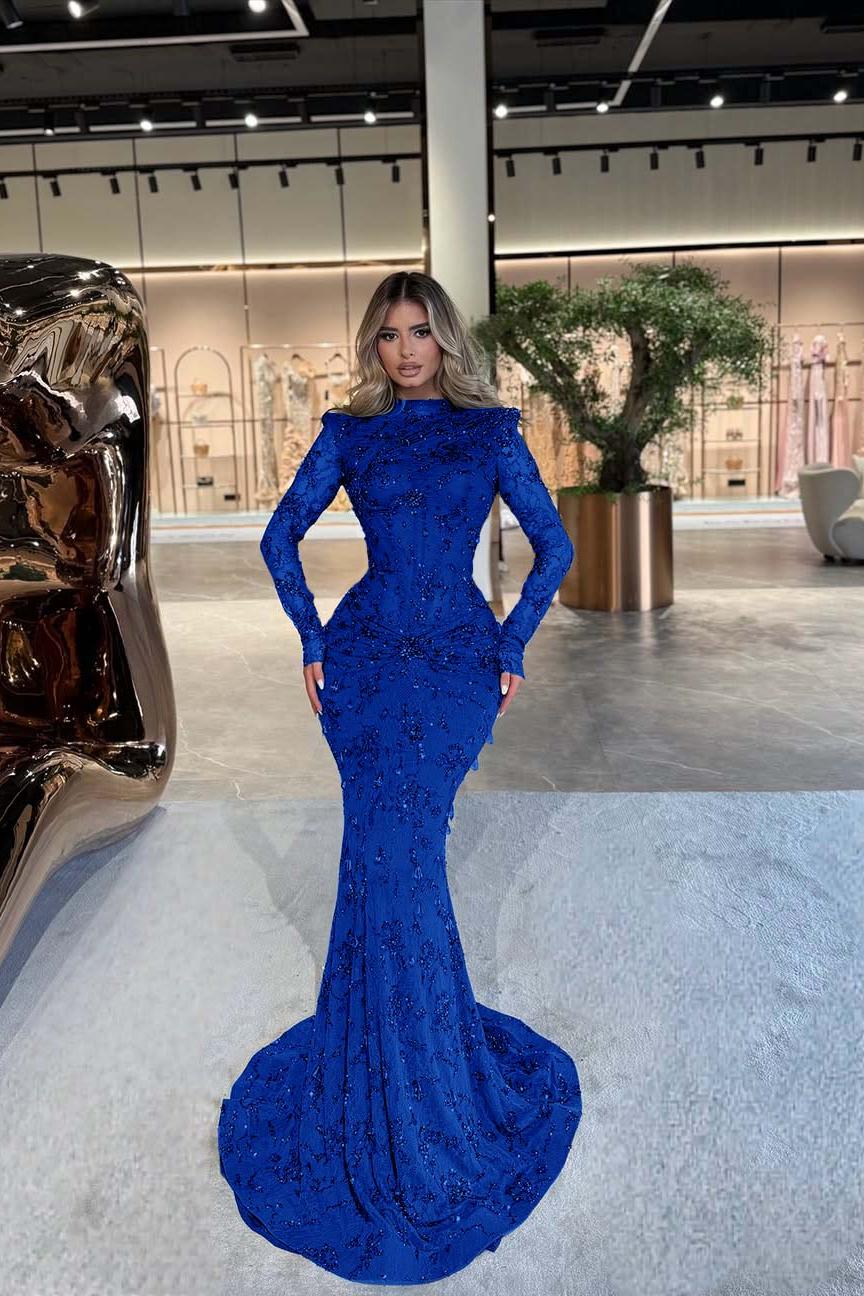 Green Mermaid Prom Dress Long Sleeve High Neck Beaded Formal Dress