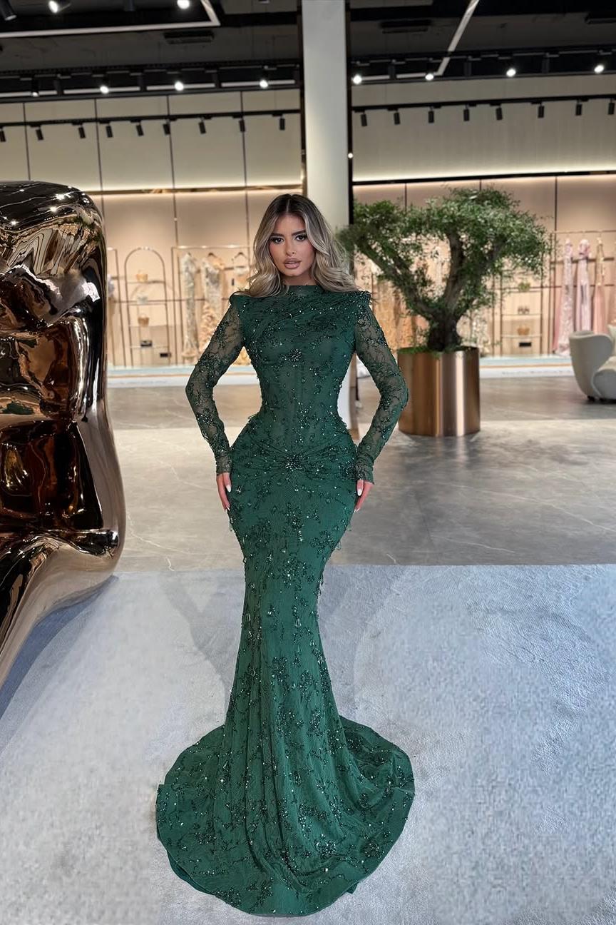 Green Mermaid Prom Dress Long Sleeve High Neck Beaded Formal Dress