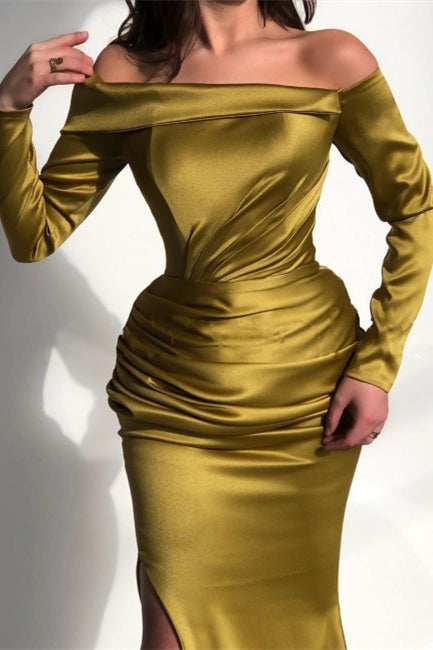 Green Mermaid Prom Dress Long Sleeve Off the Shoulder Satin Formal Dress