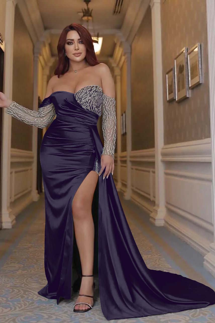 Green Mermaid Prom Dress Long Sleeve Off the Shoulder Sequined Formal Dress