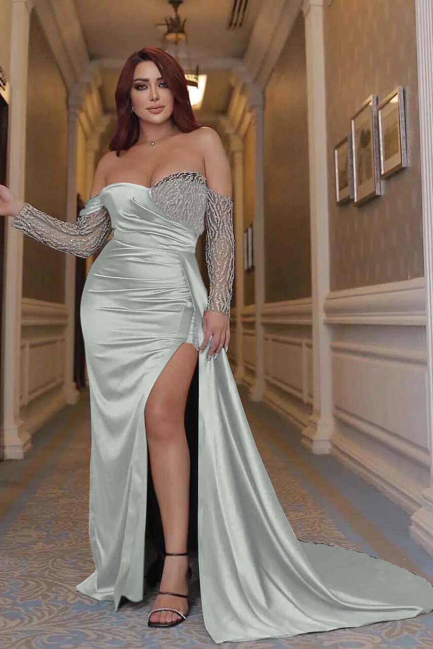 Green Mermaid Prom Dress Long Sleeve Off the Shoulder Sequined Formal Dress