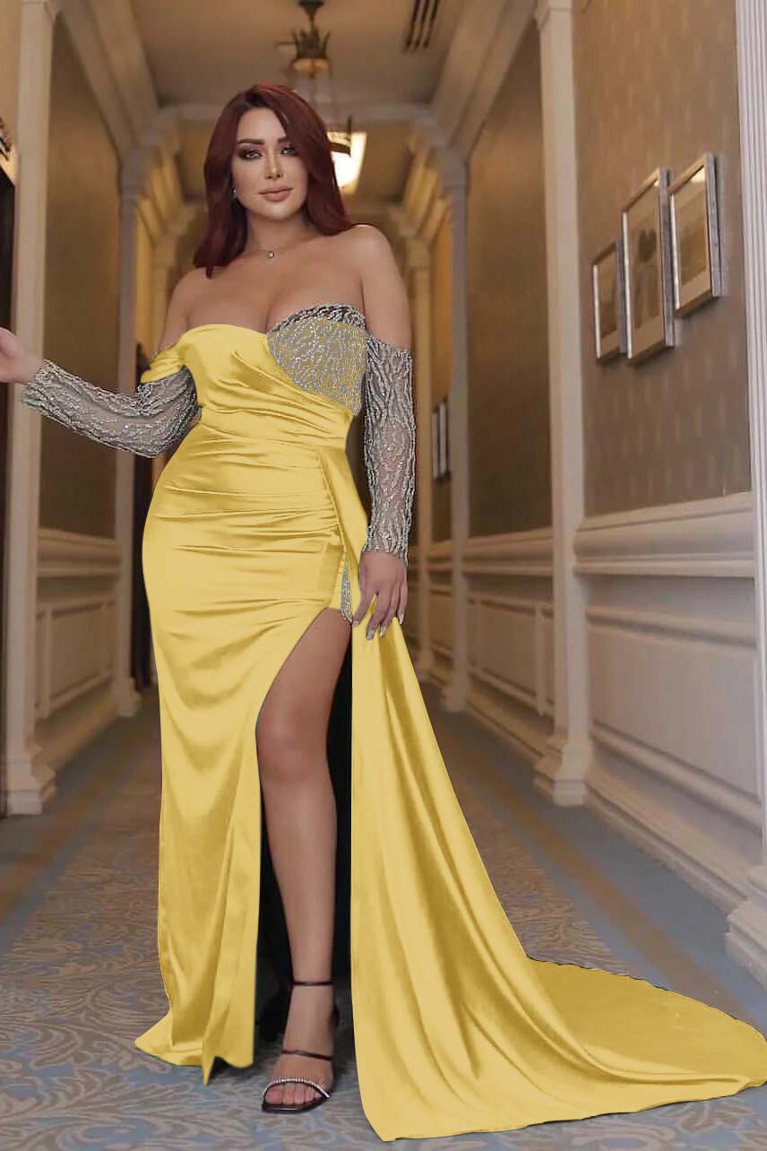 Green Mermaid Prom Dress Long Sleeve Off the Shoulder Sequined Formal Dress