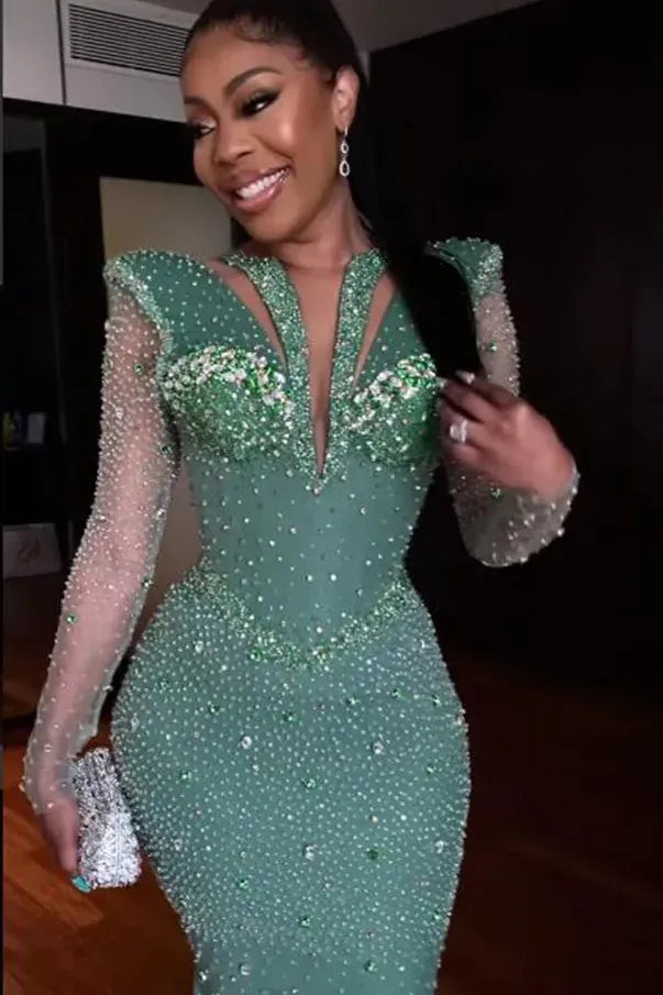 Green Mermaid Prom Dress Long Sleeve Sequined Formal Dress
