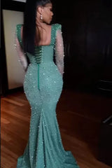 Green Mermaid Prom Dress Long Sleeve Sequined Formal Dress