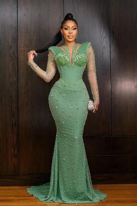 Green Mermaid Prom Dress Long Sleeve Sequined Formal Dress