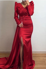 Green Mermaid Prom Dress Long Sleeve V Neck Beaded Formal Dress