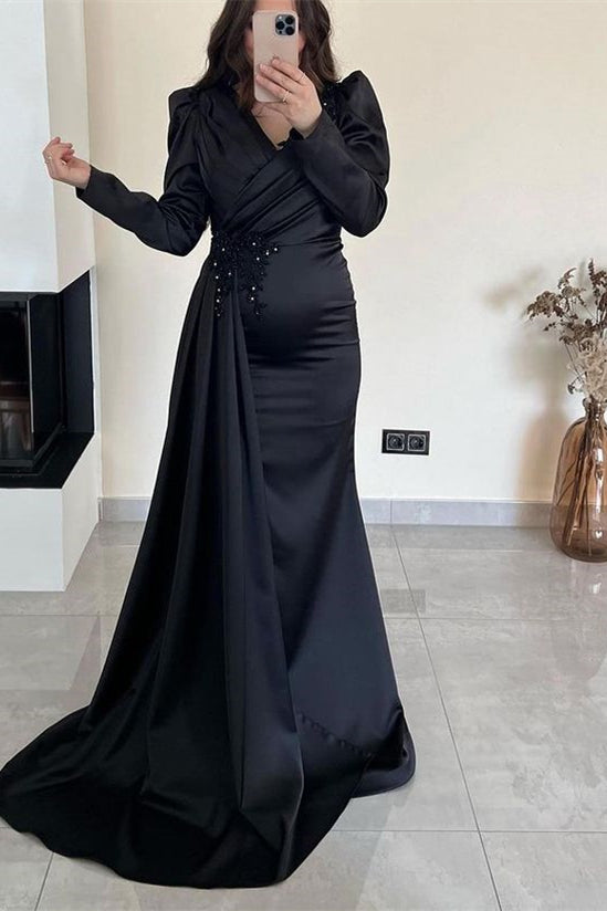 Green Mermaid Prom Dress Long Sleeve V Neck Beaded Formal Dress