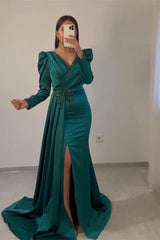 Green Mermaid Prom Dress Long Sleeve V Neck Beaded Formal Dress