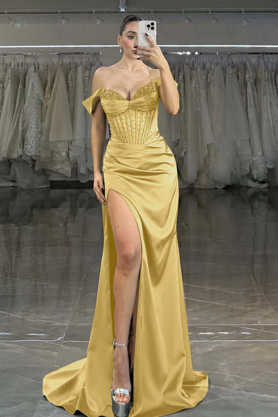 Green Mermaid Prom Dress Off the Shoulder Sequined Formal Dress