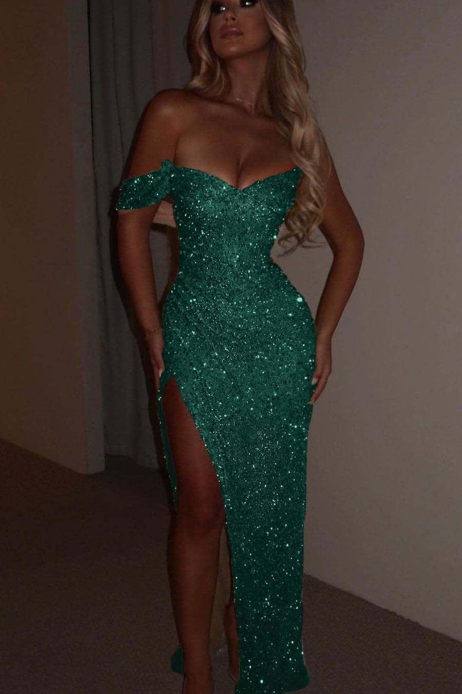 Green Mermaid Prom Dress One Shoulder Sequined Formal Dress