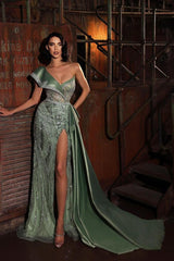 Green Mermaid Prom Dress One Shoulder Sequined Formal Dress