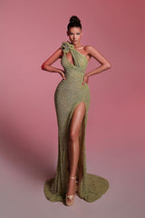 Green Mermaid Prom Dress One Shoulder Sequined Sleeveless Formal Dress