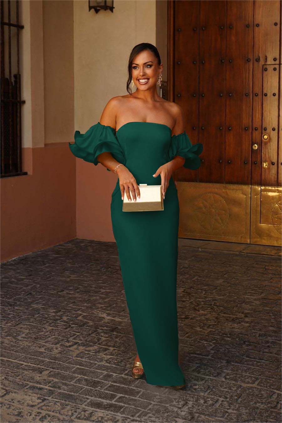 Green Mermaid Prom Dress Short Sleeve Strapless Satin Formal Dress