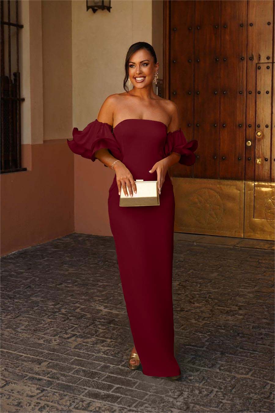 Green Mermaid Prom Dress Short Sleeve Strapless Satin Formal Dress