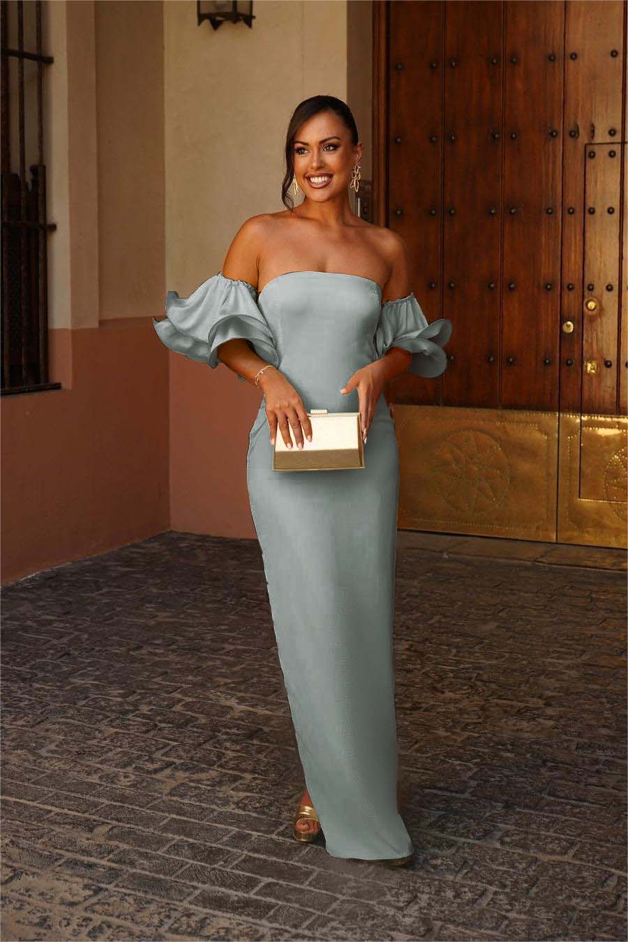 Green Mermaid Prom Dress Short Sleeve Strapless Satin Formal Dress