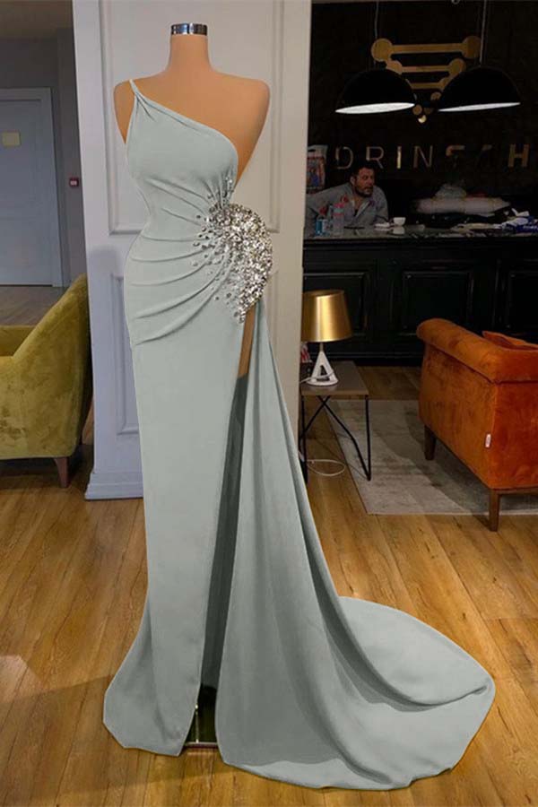 Green Mermaid Prom Dress Sleeveless One Shoulder Beaded Formal Dress
