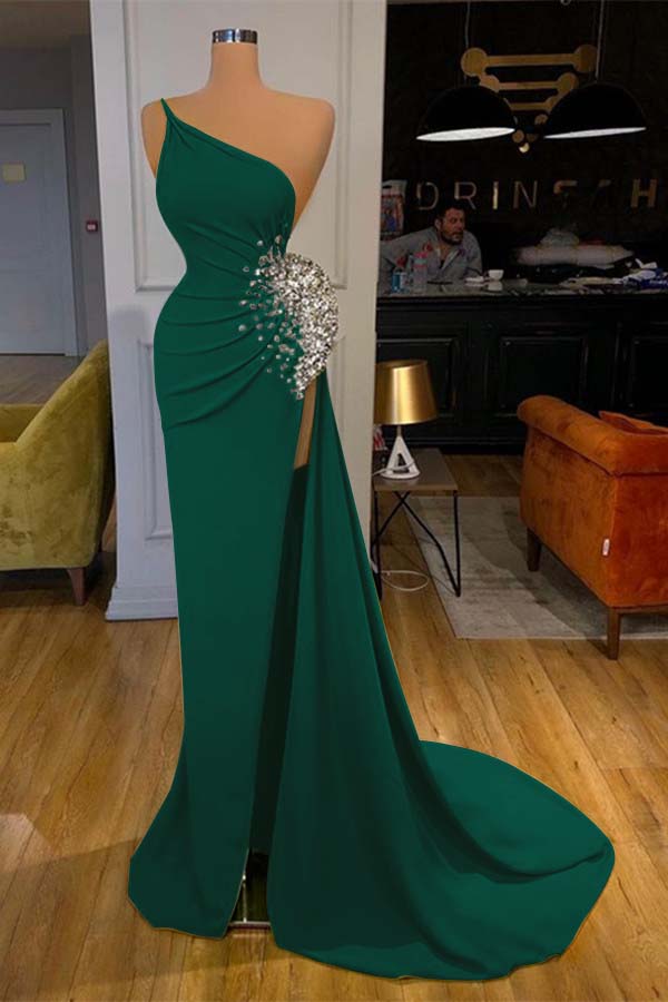 Green Mermaid Prom Dress Sleeveless One Shoulder Beaded Formal Dress
