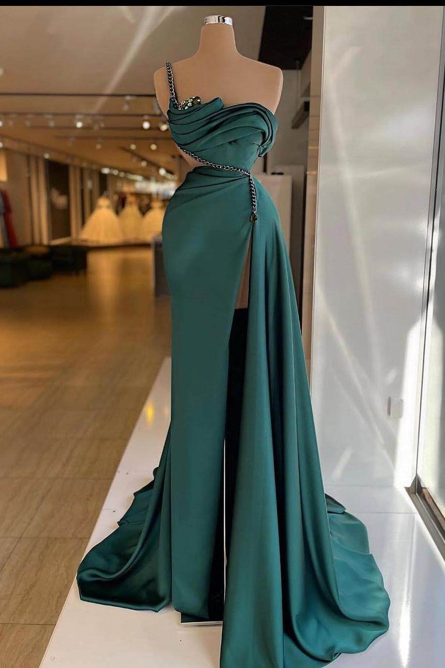 Green Mermaid Prom Dress Sleeveless One Shoulder Beaded Formal Dress