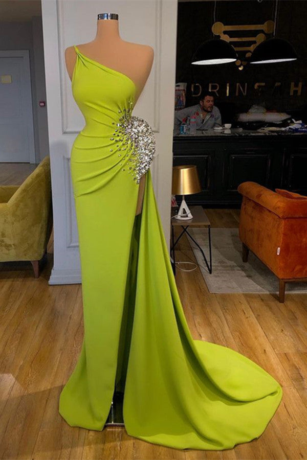 Green Mermaid Prom Dress Sleeveless One Shoulder Beaded Formal Dress