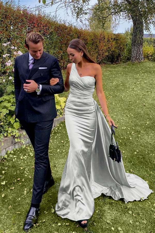 Green Mermaid Prom Dress Sleeveless One Shoulder Satin Formal Dress