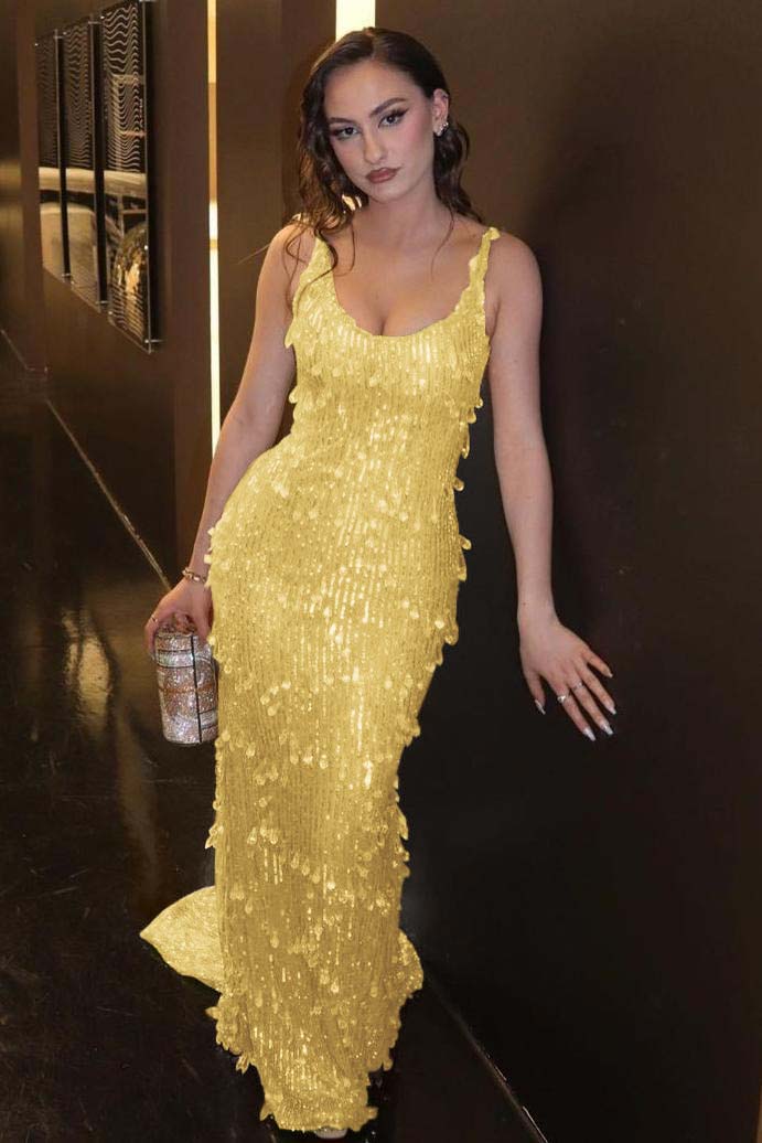 Green Mermaid Prom Dress Sleeveless Scoop Neck Sequined Formal Dress