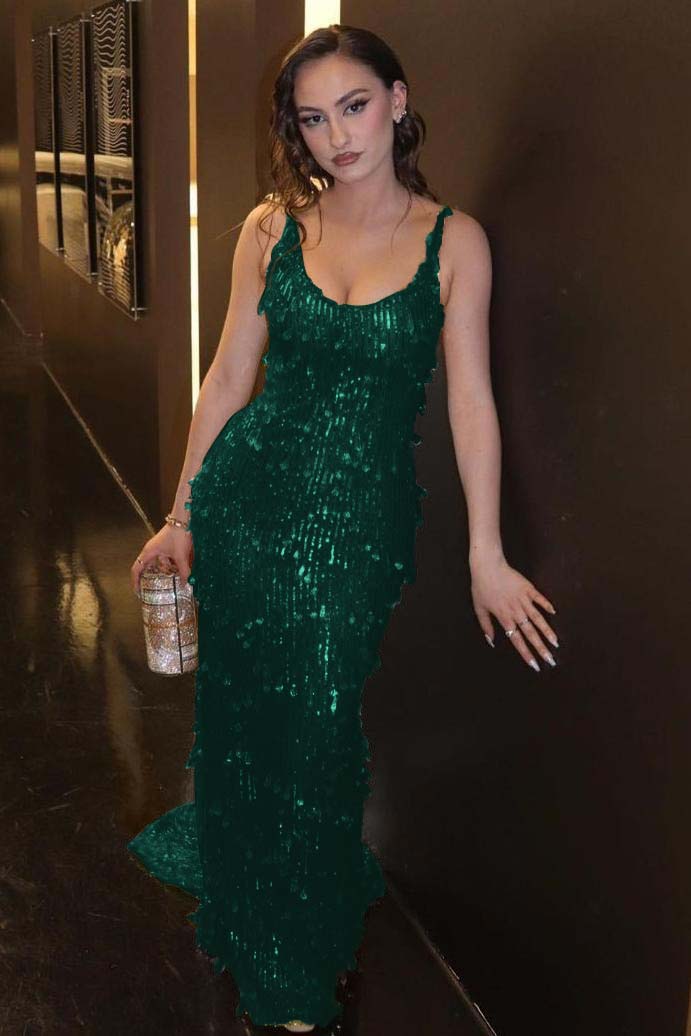 Green Mermaid Prom Dress Sleeveless Scoop Neck Sequined Formal Dress