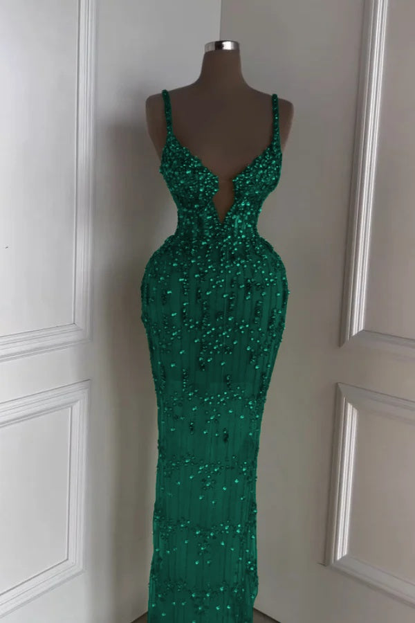 Green Mermaid Prom Dress Sleeveless Spaghetti Straps Beaded Formal Dress