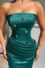 Green Mermaid Prom Dress Sleeveless Strapless Beaded Formal Dress