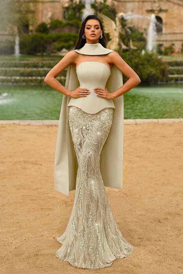 Green Mermaid Prom Dress Sleeveless Strapless Formal Dress With Lace Appliques