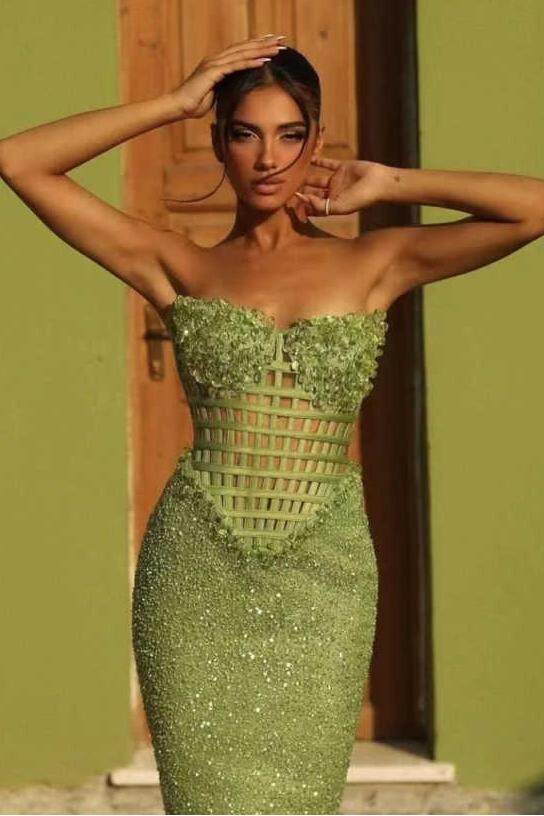 Green Mermaid Prom Dress Sleeveless Strapless Sequined Formal Dress