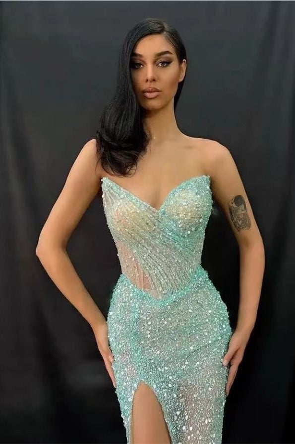 Green Mermaid Prom Dress Sleeveless Sweetheart Sequined Formal Dress