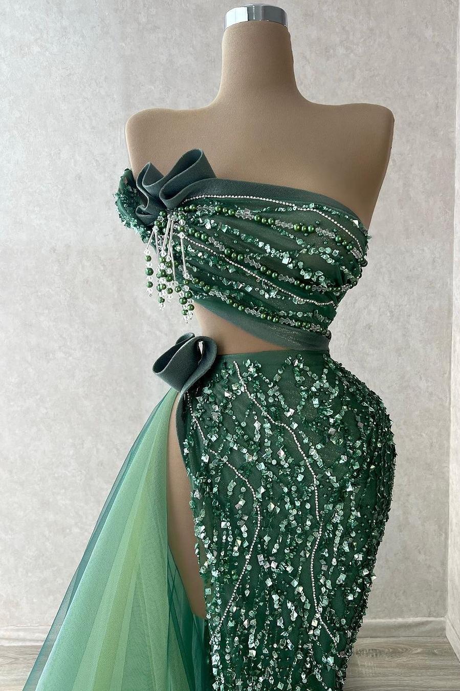Green Mermaid Prom Dress Strapless Beaded Formal Dress
